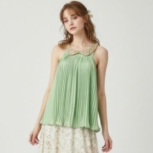 Love Me Green Tan Sequin Coquette Sheer Tank Pleated Retro Festival S